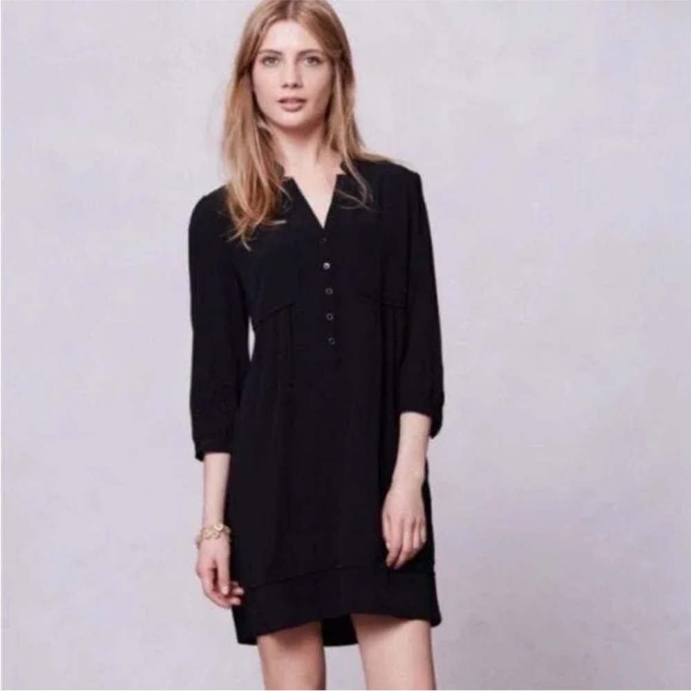 MAEVE ANTHROPOLOGIE Black Taryn Crepe 3/4 Sleeve Shift Dress